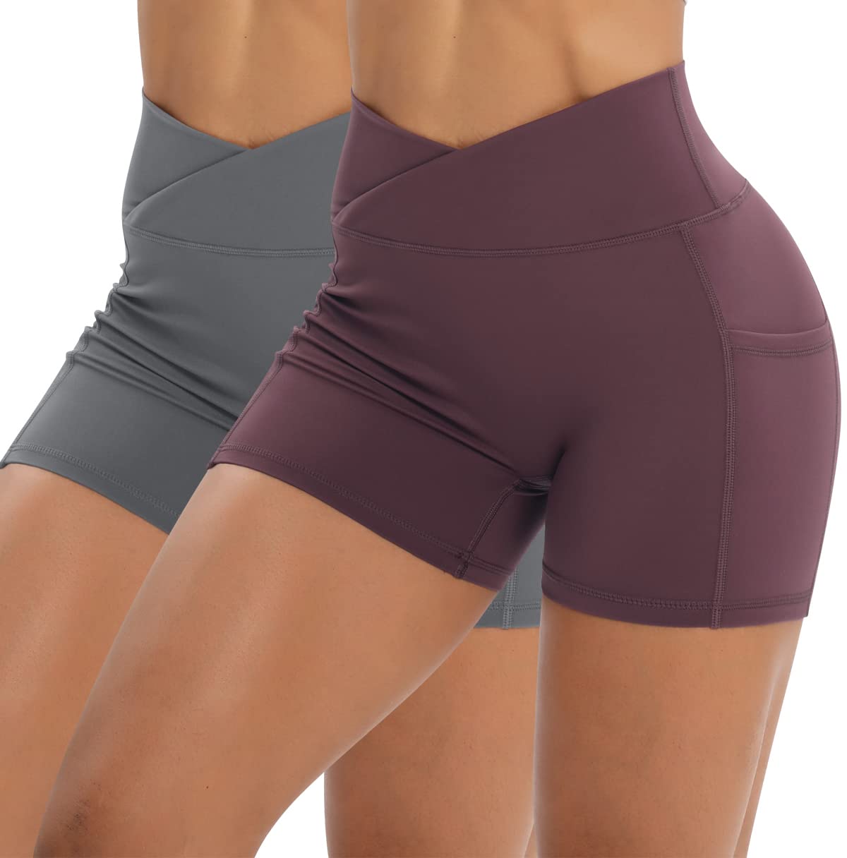 Photo 1 of ***Misssing 1***
Workout Shorts for Women 2 Pcs Pack Cross Waist Active Gym Spandex Stretchy Yoga Compression with Side Pockets Grey+Burgundy-M