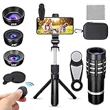 PJ-Since Phone Camera Lens with Bluetooth Selfie Stick Tripod, 9 in 1 Phone Lens Kit-12X Zoom Telephoto Lens+210° Fisheye Lens+25X Macro Lens+120°Wide Angle Lens for iPhone, Samsung, Pixel and More