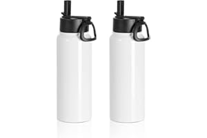 PYD Life Sublimation Water Bottle Blanks Sports Tumbler Cups White 30 OZ Wide Mouth Stainless Steel Vacuum Flask with Straw and Portable Handle for Cricut Mug Press and Tumbler Press Print 2 Pack