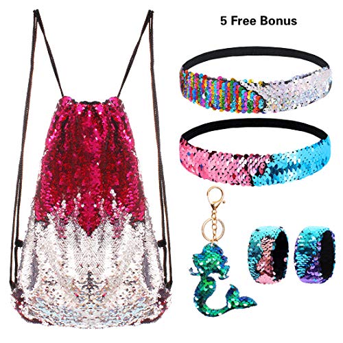 Mermaid Reversible Sequin Drawstring Backpack/Bag Rose Red/Silver for Kids Girls