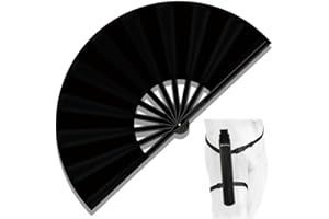 Raveahem 13" Large Folding Rave Fan with Holster, Clack Hand Fans Foldable for Line Dancing, Boots On The Ground Fan for Women Men Festival EDM Party Decoration, Black
