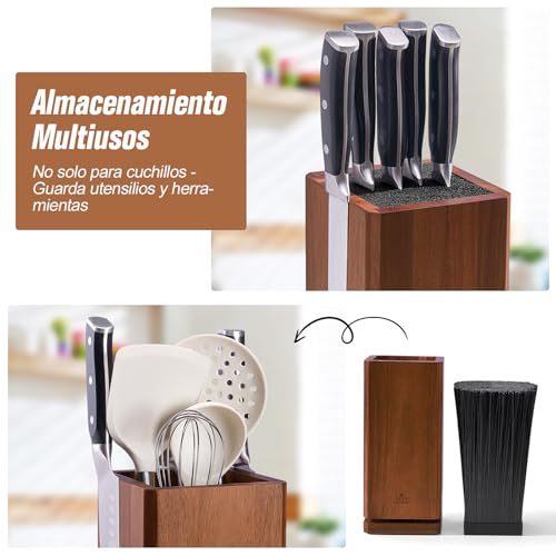 ENOKING 360° Rotating Kitchen Knife Holder, Kitchen Knife Holder with Bristles, Acacia Wood Knife Holder, Magnetic Knife Organizer for Knives and Utensils