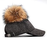 FURTALK Adjustable Large Real Fur Pom Pom Baseball Cap Snapback Wool Hat