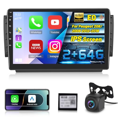 2G+64G Android Car Radio for Peugeot 208/2008 2012-2018 with Wireless Carplay and Android Car, 10 Inch Screen 2 Din Radio with GPS/WiFi/Bluetooth/EQ/FM RDS Radio