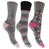 Womens/Ladies Cotton Rich Striped/Heart Print Socks With Non Elastic Top (3 Pairs)