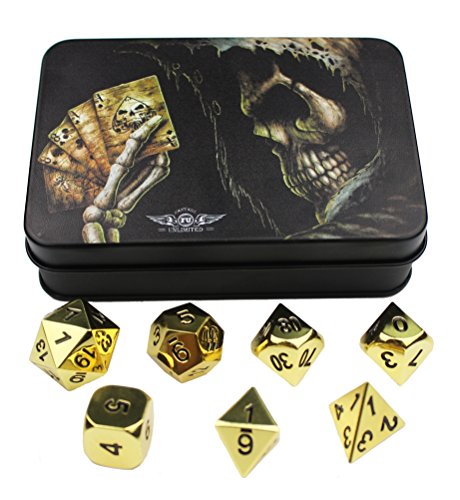 Fantasy Unlimited Solid Metal Polyhedral Dice Set for Dungeons and Dragons, Pathfinder and other RPGs, Gold