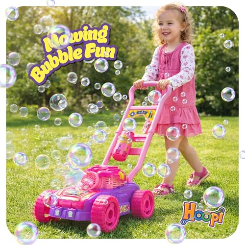 Hoopi Extreme Bubbles Lawn Mower for Toddlers, Spill-Proof Kids Bubble Machine with Lights for 2-Year-Old Girl Birthday Gift, Easter Gifts for Toddlers, Bubble Blowing Push Outdoor Toy with 3 Bottles
