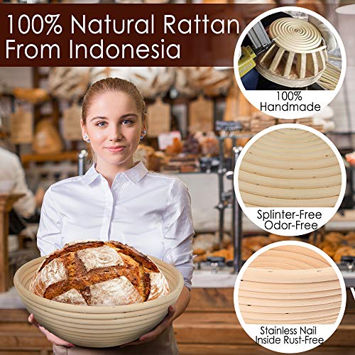 LotFancy Banneton Proofing Basket Set of 2, 9 Inch Round Proofing Bowls for Sourdough Bread, Incudes Linen Liner Cloth, Dough Scraper, Bread Lame, Brush, Instructions Book, Non-Stick
