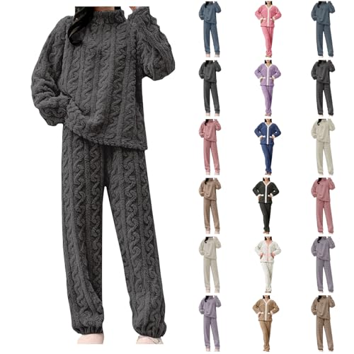 long sleeve cotton pyjamas women Womens Fleece Pyjamas Sets Fluffy Soft Warm Cosy 2 Pieces Pjs Sets Winter Fuzzy Cozy Pjs Thick Plush Flannel Set Ladies Loungewear Nightwear pjama set women Grey