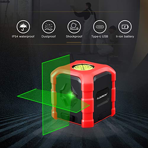 FLOUREON Laser Level Self-Leveling Horizontal and Vertical Cross-Line Laser Green Beam Laser Level With Bubble Level Dual Ways to Charge, Type-C Charging IP54 Waterproof Dustproof, Shockproof