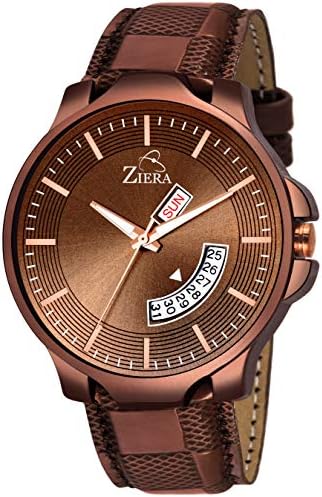 ZIERAZR956 Brown Leather Strap Day & Date Watch - for Men
