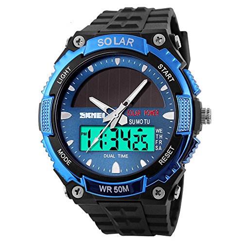 mylooverleo Mens Sport Watch Solar Powered Analog Digital Wristwatch Waterproof Wrist Watch Dual Time Chronograph Stopwatch Hourly Chime(Blue)