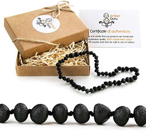 Natural Baltic Amber Teething Necklace For Babies - Anti Inflammatory, Drooling & Teething Pain Relief - Black Color - Unpolished - Unisex, 12.5 Inches, Screw Clasp, Knots - Perfect Baby Shower Gift