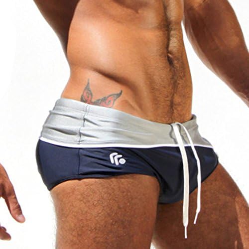 New Fashion Men's sexy low-waist Boxer Swimming Swim Trunks Swimwear (M(waist:25.98"-28.74"), Navy Blue)