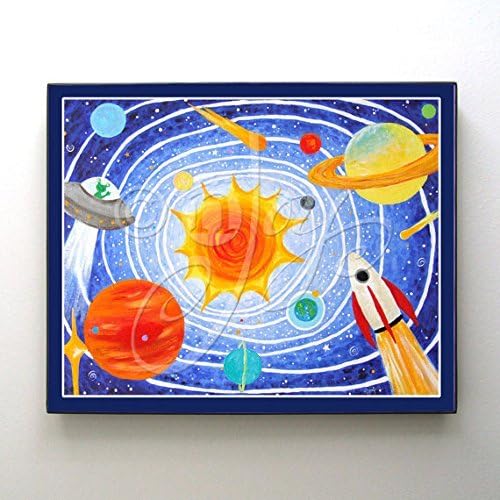 Solar System Framed Art Print for space themed kids room. 8x10 inch print in a simple black plastic frame.