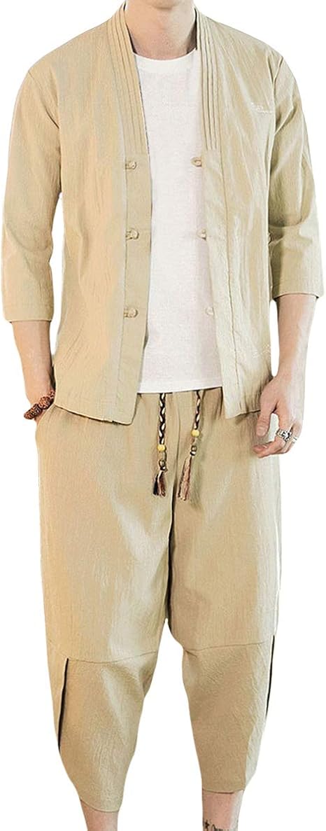 Amazon Mirroryou ミラーユー メンズ 綿麻 上下セット 夏服 和式パーカー 7分袖 カーディガン サルエルパンツ カジュアル 中華服 ルームウェア おおきいサイズ 5xl メンズ 通販