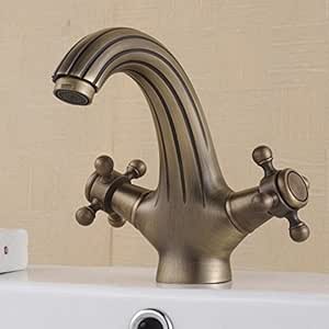 HJ Grifo de lavabo latón envejecido doble Grifo mezclador caliente y