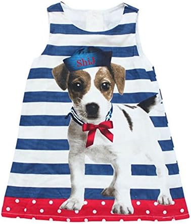 Little Girls' Primary Stripe and Dog Pattern Darling Mini Dress (90cm=38in=3T, blue)