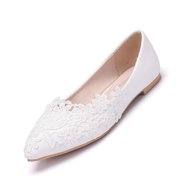 Damen Braut Schuhe Zum Braut Frau Brautjungfer Weiß Spitze Schlüpfen Funkeln Lader Damen Ballett Wohnungen Ballerina Pumps Gr