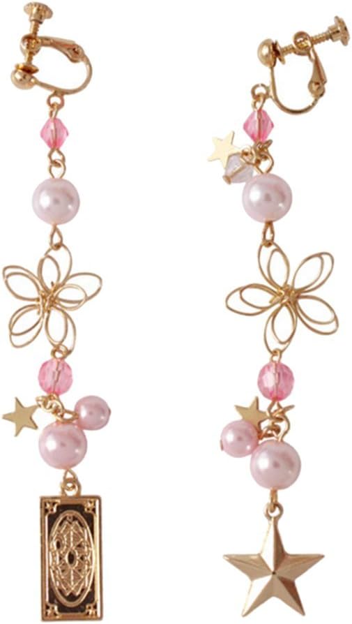 BFF Jewelry Girl's Cherry Blossoms Simulated Pearl Clip on Earrings Five-Pointed Star Screw Ear Clip for Teen Girl