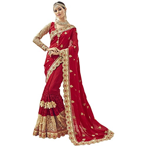 Triveni Indian Excellent Red Colored Embroidered Faux Georgette Net Wedding Saree