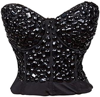 SGY Madonna Style Metallic Studs Bustier Bra Corset Top (L, Black Crystal)