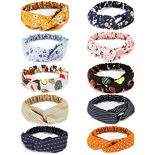 10 Pcs Boho Headbands for Women Flower Printing Twisted Criss Cross Elastic Head Wrap Cute Hair Accessories with a Gift Bag