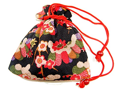 Black Red, Soft Chirimen Japanese Kimono Fabric Drawstring Bag – 140mm Flat