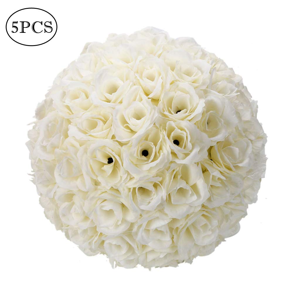 Yscharm Artificial Satin Flower Ball 10 Inch Wedding Flower Balls Kissing Balls Hanging Flower Ball Simulation Flower For Home Outdoor Wedding Party Ceremony Ivory White 5 Pcs Silk Flower Arrangements