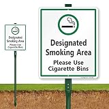 SmartSign&nbsp;"Designated Smoking Area, Please Use Cigarette Bins LawnBoss Sign | 10" x 12" Aluminum Sign with 3' Stake