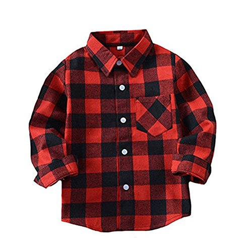 Happy GoGo Kid Girl Boy Long Sleeve Button Down Plaid Flannel Shirt (Red-Black, 9-10Years)