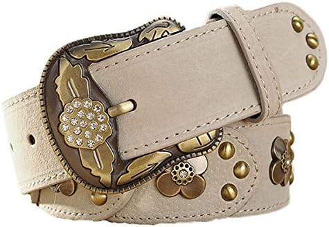 Womtop Woman Belts Retro Diamond Needle Buckle Leather Tape Retractable Rivet Waist Belts (Beige)