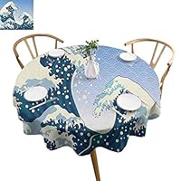 Flyerer Japanese Wave Anti-Wrinkle Tablecloth Far Painting Oceanic Storm Theme Tsunami Wind Water Artwork Wild Round Tablecloth D 54" Teal Blue White