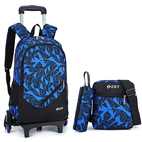 Meetbelify 3Pcs Rolling Backpack Boys Girls Trolley School Bags with Lunch Bag&Pencil Case,6 Wheels,Blue