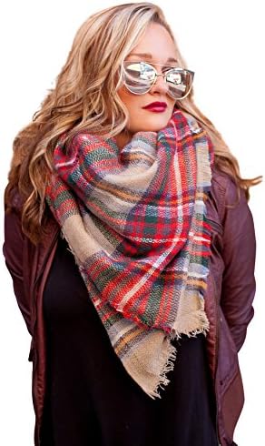 Women's Plaid Blanket Winter Scarf Warm Cozy Tartan Wrap Oversized Shawl Cape (Pattern 1)