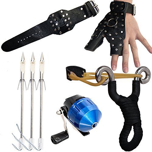 UPC 714929716217, Toparchery 7pcs Powerful Fishing Reel Recurve Stainless Professional Hunting Catapult Kit with Steel Broadheads Darts Hand Guard Protect Wristband