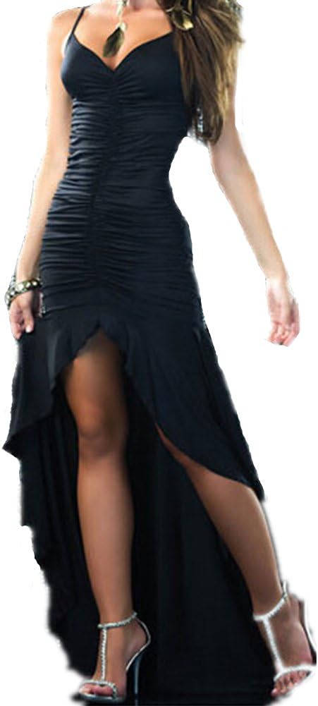 Fashion Women Irregular Low Cut Long Evening Dancing Prom Dress 3 Colors 6 Sizes (XXL, Black)