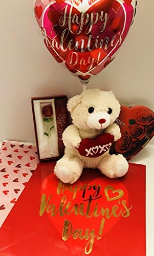 Valentines Day Love Teddy Bear with Glass Rose Keepsake Heart Milk Chocolate and Balloon
