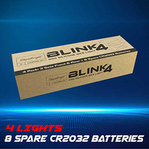 Stupidbright BLINK4 Mini Silicone Strap ON LED Bike Light - 8 Extra Batteries- 4 Lights - 2 Front & Rear Bike Light Set - Black & White