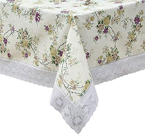 Kintang Square Floral Printed Lace Patchwork Vinyl Tablecloth Waterproof Oil-Proof Wipe Clean Table Cover for Dinner Kitchen (Beige Floral, 54"x54")