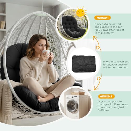 joomie Egg Swing Chair Cushion Replacement Waterproof 120x84x18 cm Thicken Outdoor Patio Hanging Basket Chair Cushions Removable Pad with Ties for Garden Cocoon Egg Hammock Chair, Black