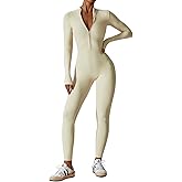 ECUPPER Women Long Sleeve Bodycon Jumpsuits Workout Zip Up Unitard One Piece Full Bodysuits Sexy Yoga Rompers Pants