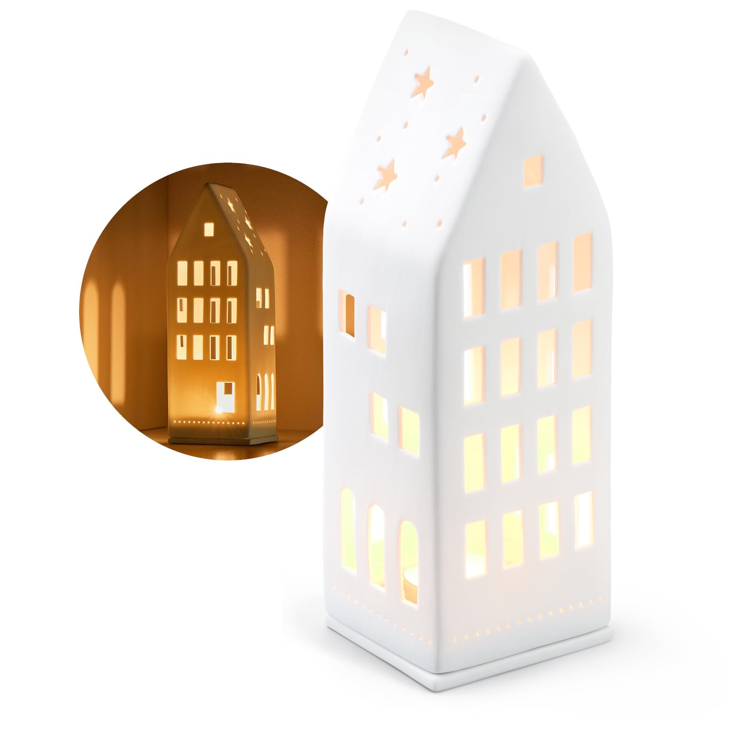 COM-FOUR® tea light house made of porcelain - house made of matt porcelain with tea light base - light house - stylish room decoration in the shape of a house (23 cm)