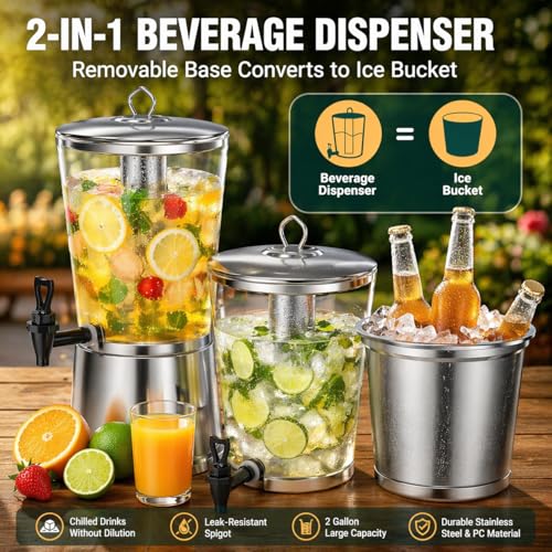 WantJoin Beverage Dispenser with Stand, 2 Gallon Drink Dispenser with Ice Core, Stainless Steel Juice Dispenser with Spigot, Clear PC Beverage Jar for Parties, Buffet, Lemonade, Juice (8 L)