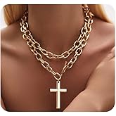 Navirix Chunky Gold Cross Necklace for Women,Large Cross Pendant Thick Chain Link Long Necklace,Layered Stackable Statement Jewelry Accessories