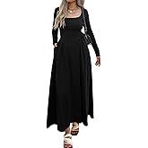 Evzeiem 2026 Spring Maxi Dress for Women Square Neck Long Sleeve Patchwork Ribbed Knit Dress Flowy A Line Dress with Pockets