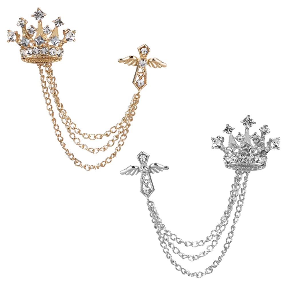 Yijunmca 2pcs Brooch Pins for Men Crystal Pin Rhinestone Lapel Pin Sweater Pin Collar Clip Vintage Shirts Suit Tie Pin Crown Tassel Chain Pin Wedding Party Costume Pin Jewelry Gift, Gold Silver