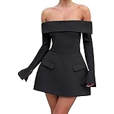 GUCURIN Women Long Sleeve Off Shoulder Dress Sexy A Line Mini Dress Party Club Short Formal Dresses