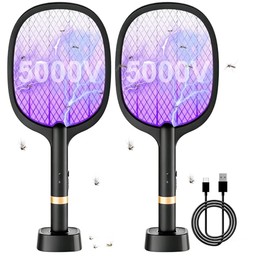YOUBST Elektrische Fliegenklatsche 5000V, Extra Stark Fliegenklatsche Elektrisch, 2 in 1 USB Typ-C Elektro Mückenklatsche mit Akku Aufladbar& UV Licht