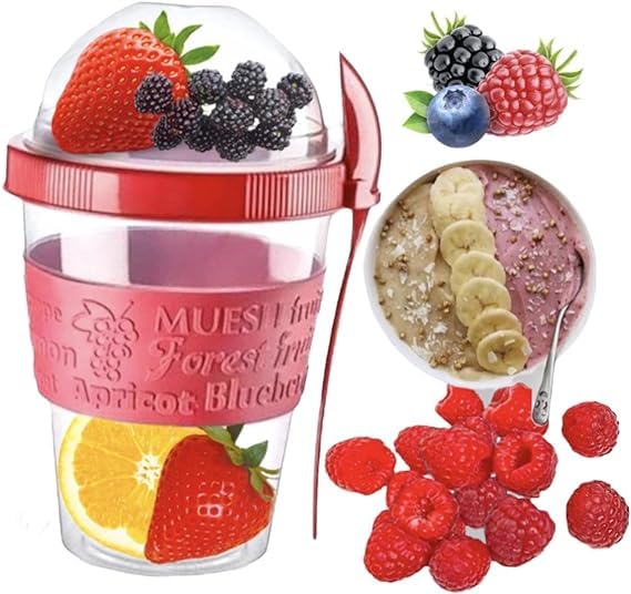 4All Yogurt Pots20oz With Spoon Reuseable 600ml Museli Cup With Lid Overnight Oats container BPA free Breakfast Cup Oatmeal Jars On the GO Cereal Container (Red)